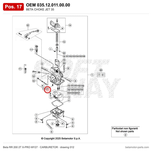 BETA CHOKE JET 35 – OEM 035.12.011.00.00, position 17 on the Beta RR 200 2T X-PRO MY27 carburetor drawing