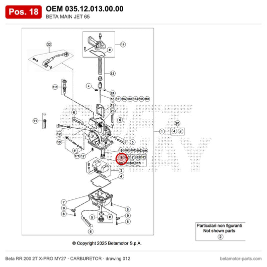 BETA MAIN JET 65 – OEM 035.12.013.00.00, position 18 on the Beta RR 200 2T X-PRO MY27 carburetor drawing