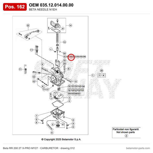 BETA NEEDLE N1EH – OEM 035.12.014.00.00, position 162 on the Beta RR 200 2T X-PRO MY27 carburetor drawing