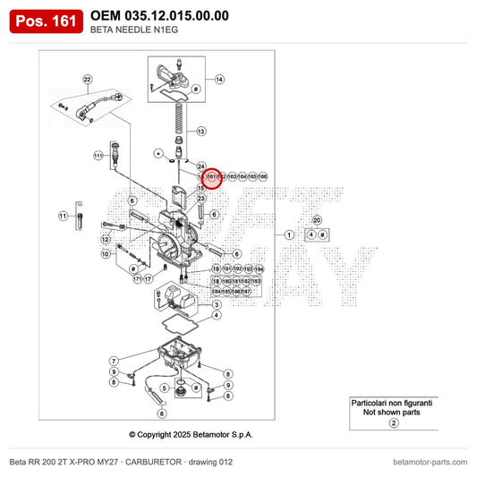 BETA NEEDLE N1EG – OEM 035.12.015.00.00, position 161 on the Beta RR 200 2T X-PRO MY27 carburetor drawing
