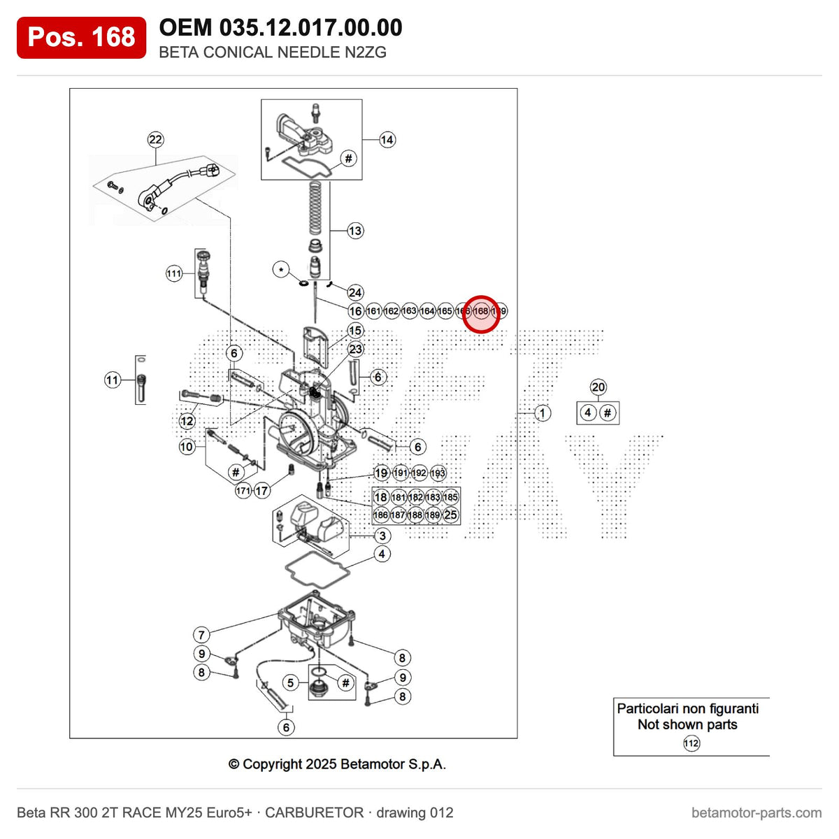 BETA CONICAL NEEDLE N2ZG – OEM 035.12.017.00.00, position 168 on the Beta RR 300 2T RACE MY25 Euro5+ carburetor drawing