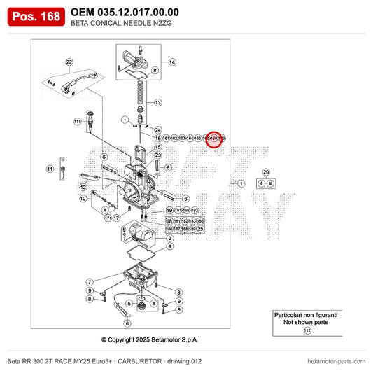 BETA CONICAL NEEDLE N2ZG – OEM 035.12.017.00.00, position 168 on the Beta RR 300 2T RACE MY25 Euro5+ carburetor drawing