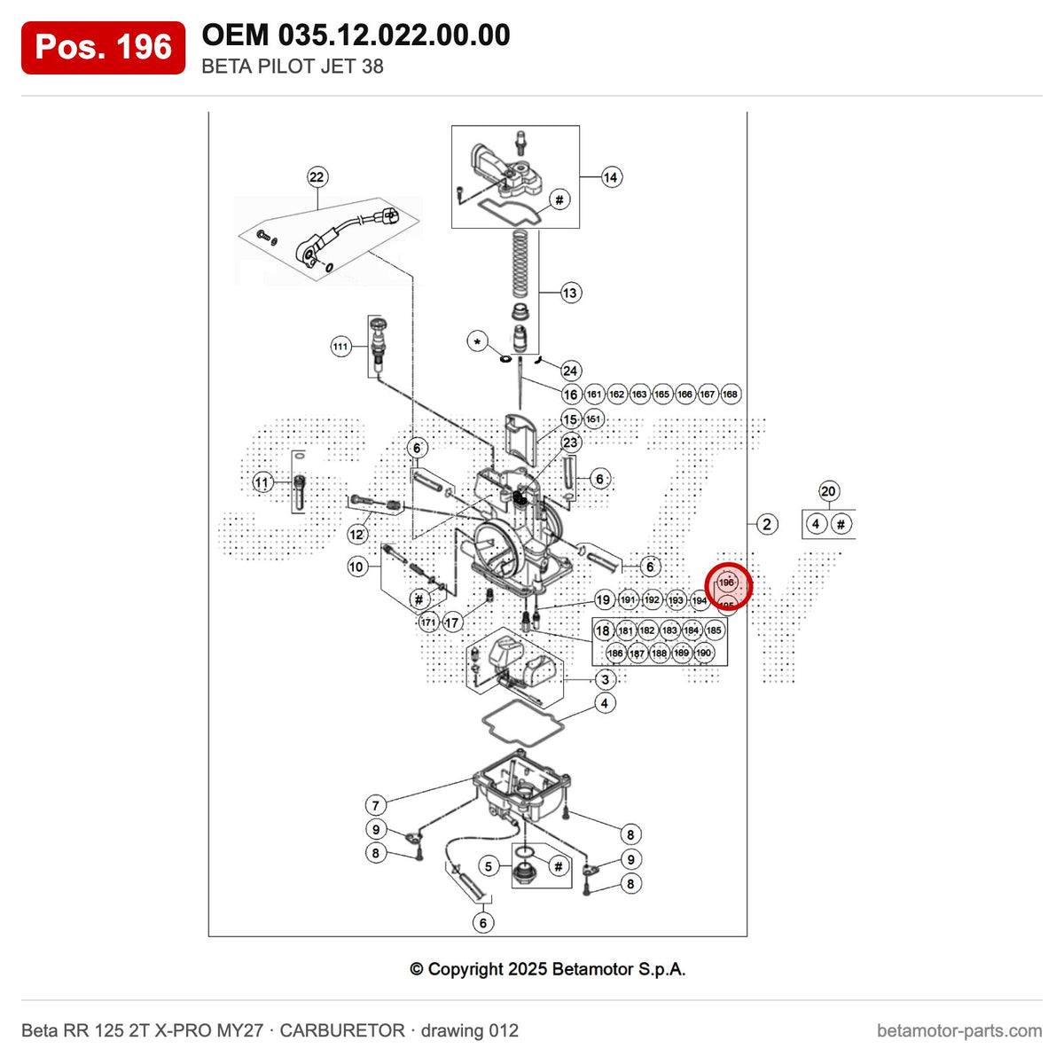 BETA PILOT JET 38 – OEM 035.12.022.00.00, position 196 on the Beta RR 125 2T X-PRO MY27 carburetor drawing