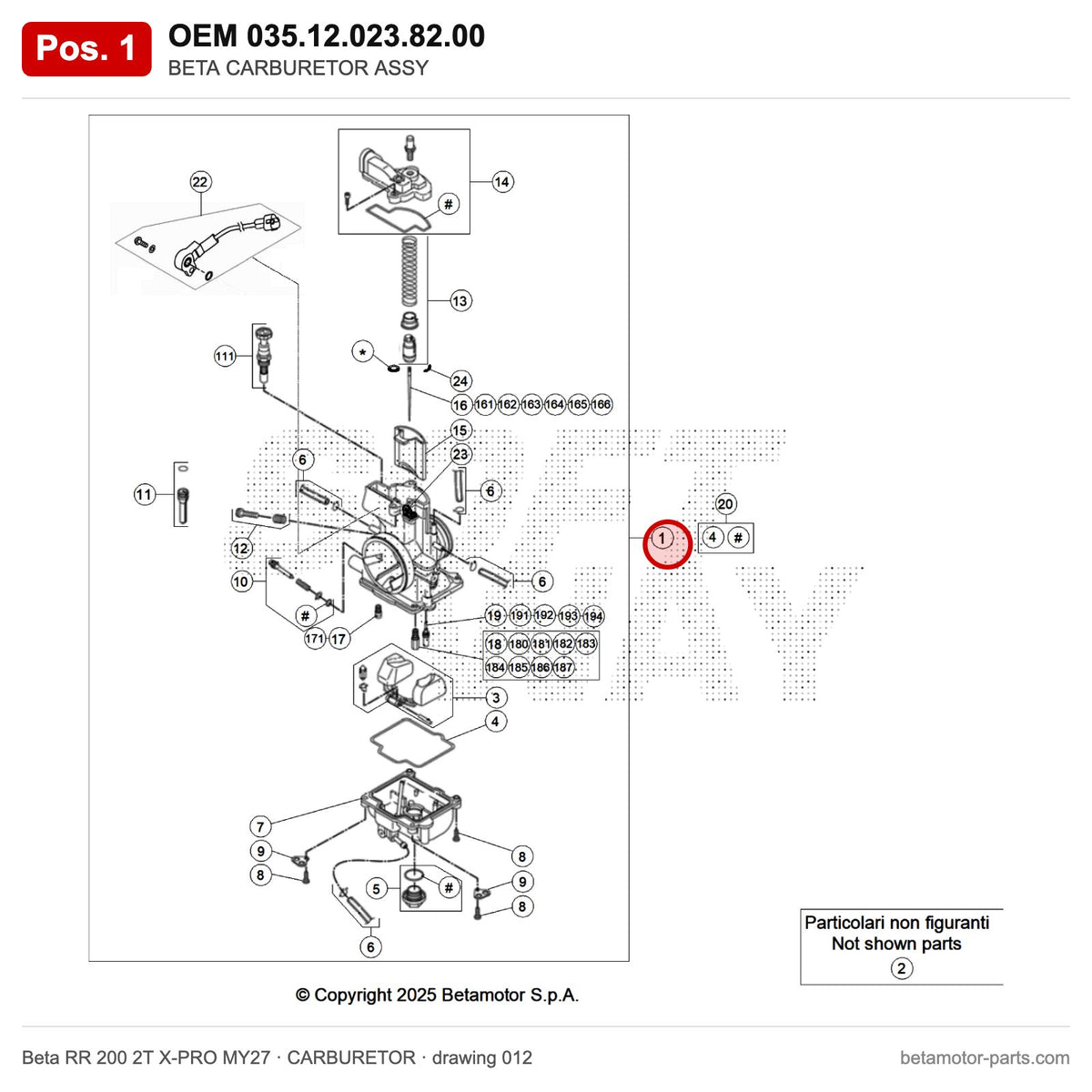 BETA CARBURETOR ASSY – OEM 035.12.023.82.00, position 1 on the Beta RR 200 2T X-PRO MY27 carburetor drawing