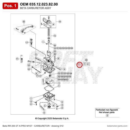 BETA CARBURETOR ASSY – OEM 035.12.023.82.00, position 1 on the Beta RR 200 2T X-PRO MY27 carburetor drawing