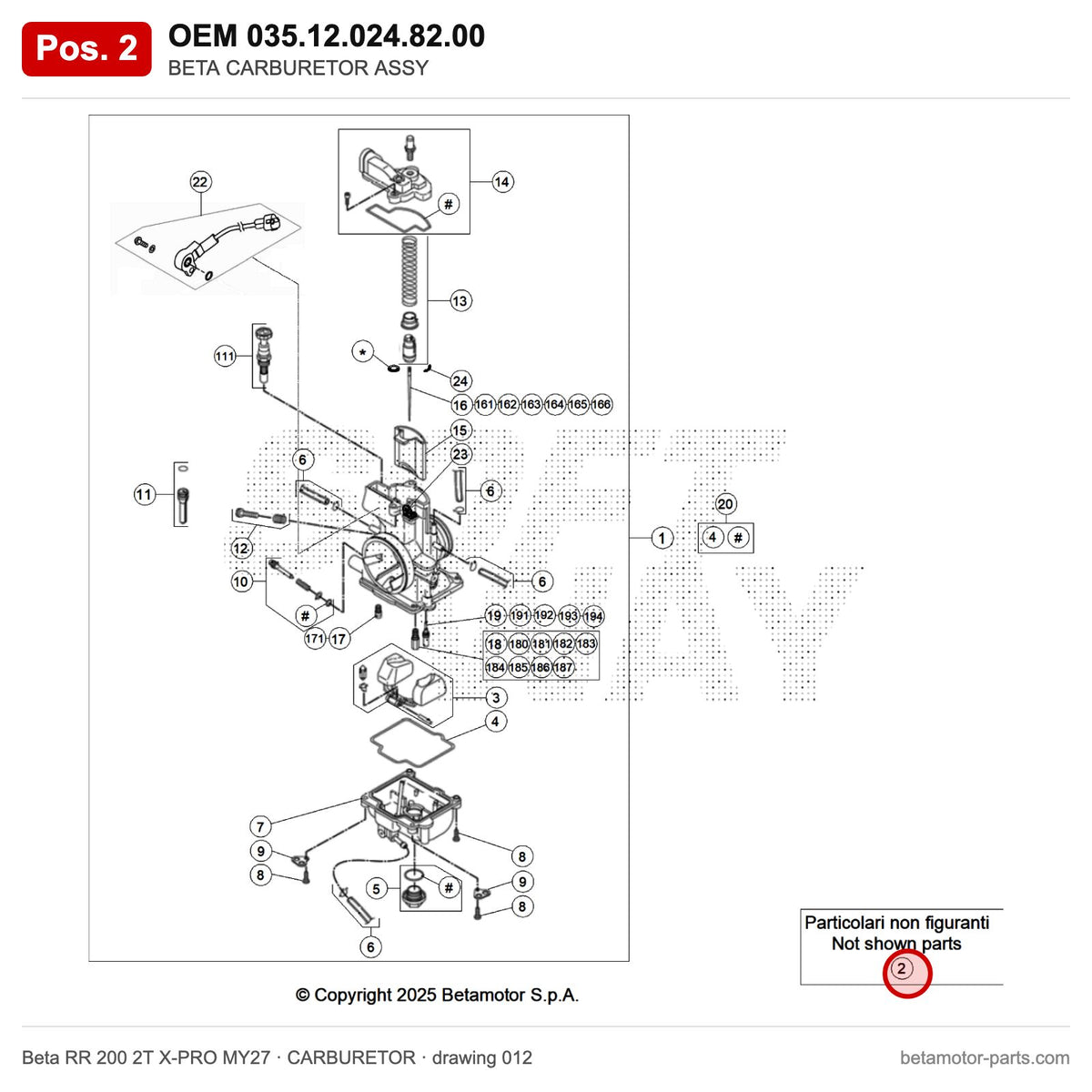 BETA CARBURETOR ASSY – OEM 035.12.024.82.00, position 2 on the Beta RR 200 2T X-PRO MY27 carburetor drawing