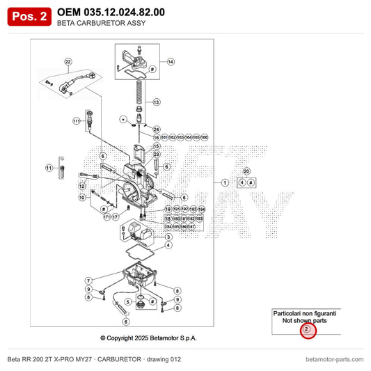 BETA CARBURETOR ASSY – OEM 035.12.024.82.00, position 2 on the Beta RR 200 2T X-PRO MY27 carburetor drawing