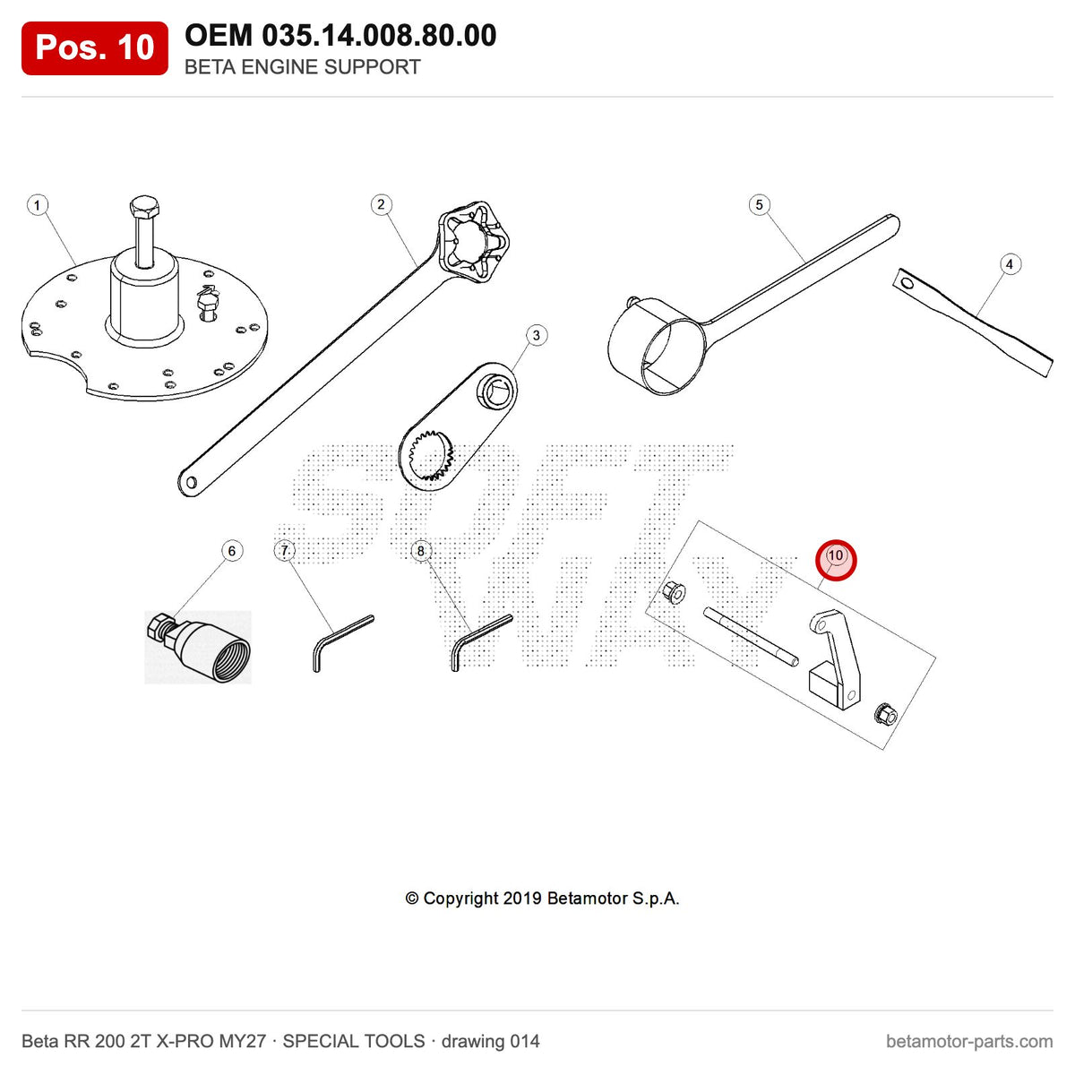 BETA ENGINE SUPPORT – OEM 035.14.008.80.00, position 10 on the Beta RR 200 2T X-PRO MY27 special tools drawing