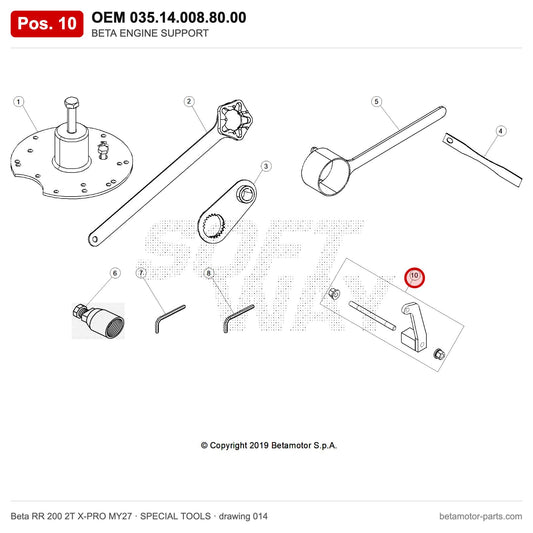 BETA ENGINE SUPPORT – OEM 035.14.008.80.00, position 10 on the Beta RR 200 2T X-PRO MY27 special tools drawing
