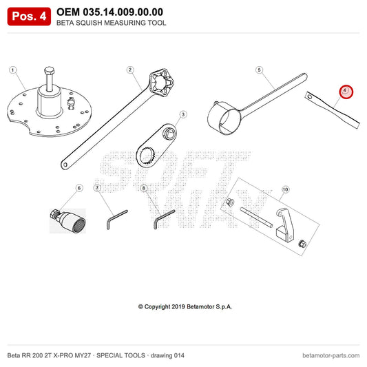 BETA SQUISH MEASURING TOOL – OEM 035.14.009.00.00, position 4 on the Beta RR 200 2T X-PRO MY27 special tools drawing