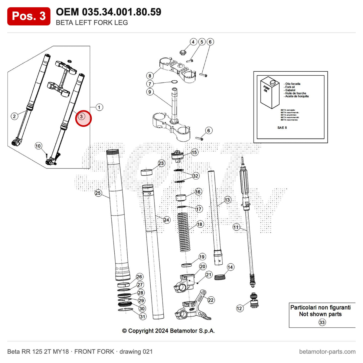 BETA LEFT FORK LEG – OEM 035.34.001.80.59, position 3 on the Beta RR 125 2T MY18 front fork drawing