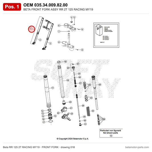 BETA FRONT FORK ASSY RR 2T 125 RACING MY19 – OEM 035.34.009.82.00, position 1 on the Beta RR 125 2T RACING MY19 front fork drawing