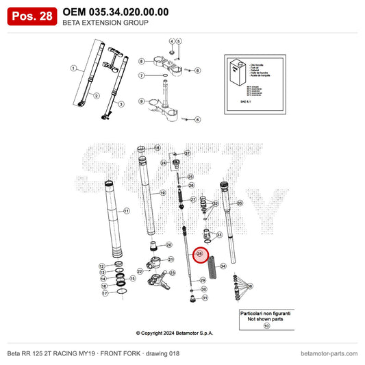 BETA EXTENSION GROUP – OEM 035.34.020.00.00, position 28 on the Beta RR 125 2T RACING MY19 front fork drawing