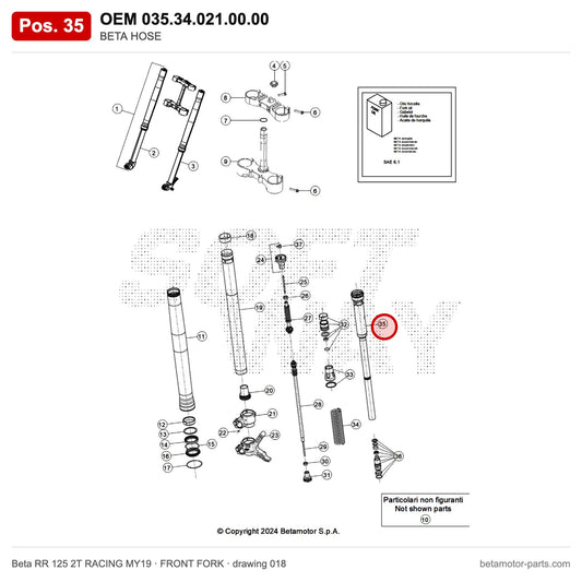 BETA HOSE – OEM 035.34.021.00.00, position 35 on the Beta RR 125 2T RACING MY19 front fork drawing