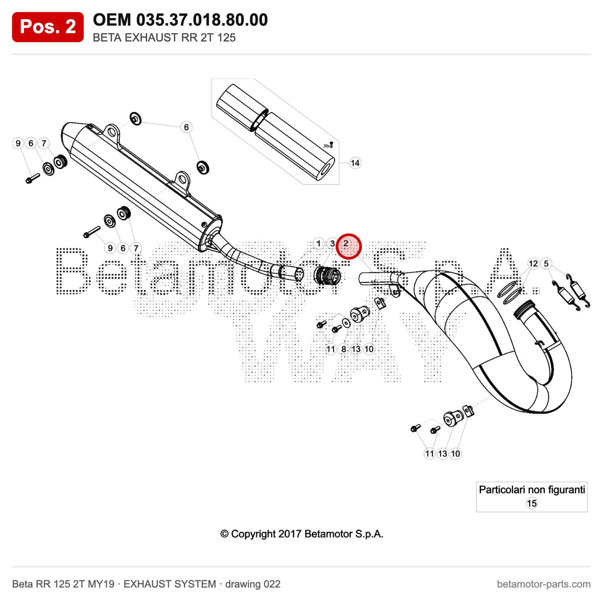 BETA EXHAUST RR 2T 125 – OEM 035.37.018.80.00, position 2 on the Beta RR 125 2T MY19 exhaust system drawing