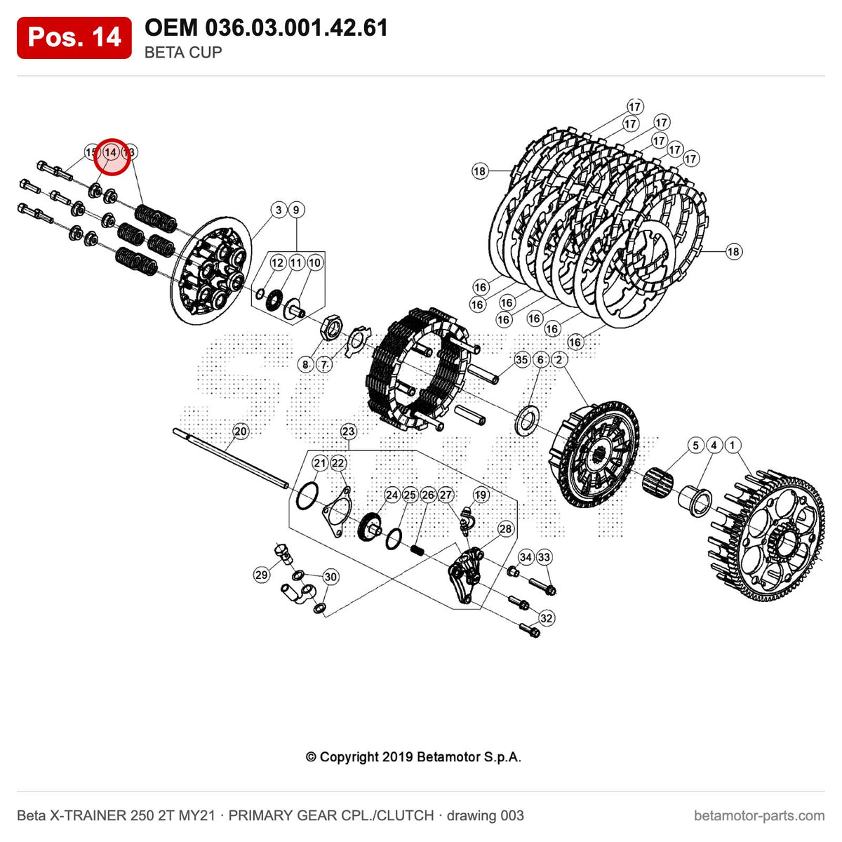 BETA CUP – OEM 036.03.001.42.61, position 14 on the Beta X-TRAINER 250 2T MY21 primary gear cpl./clutch drawing