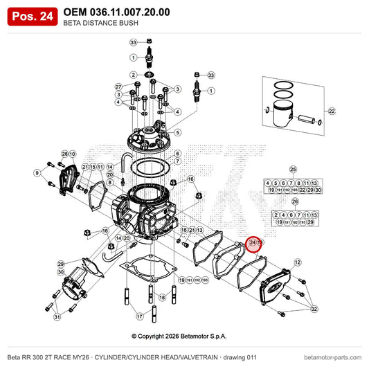 BETA DISTANCE BUSH – OEM 036.11.007.20.00, position 24 on the Beta RR 300 2T RACE MY26 cylinder/cylinder head/valvetrain drawing