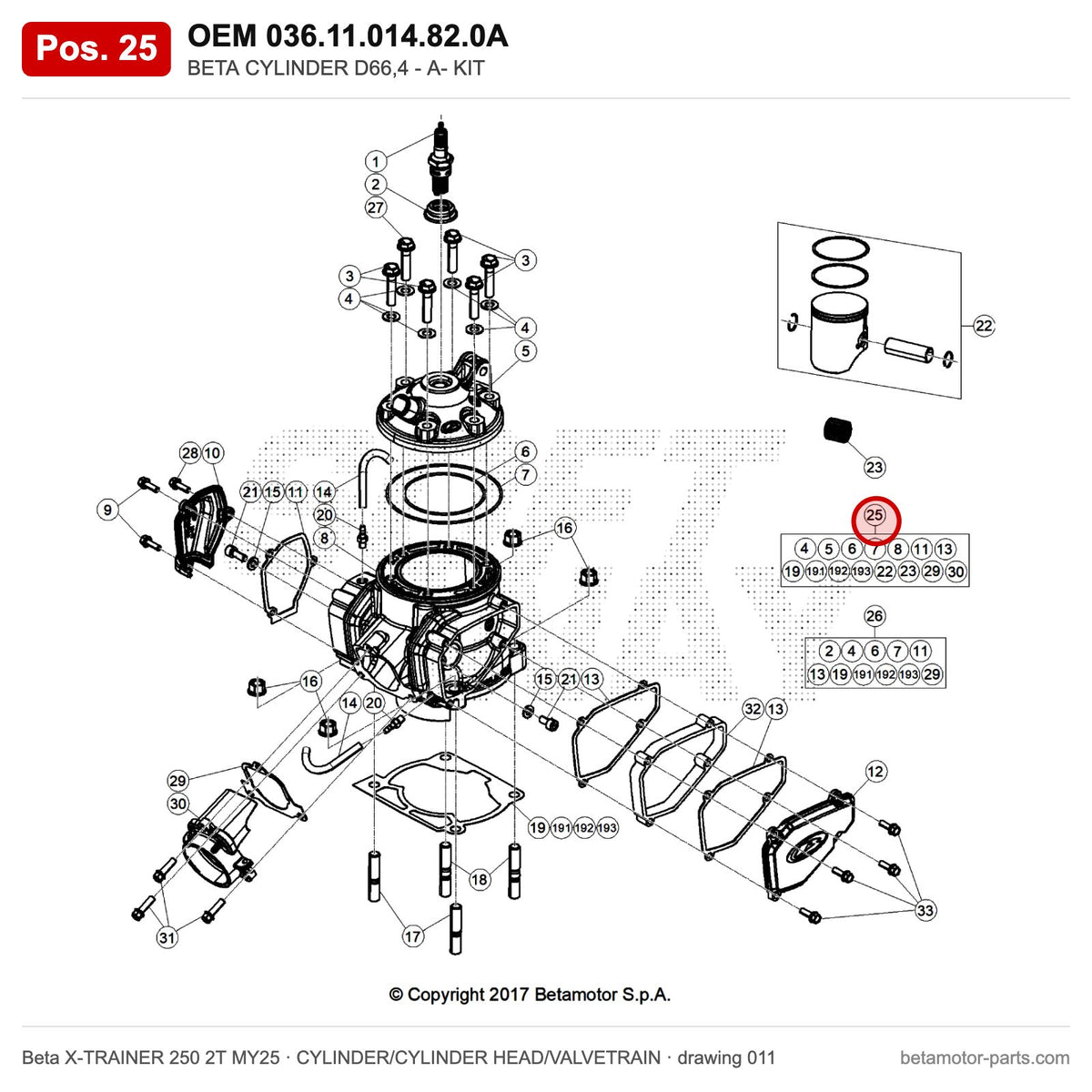 BETA CYLINDER D66,4 - A- KIT – OEM 036.11.014.82.0A, position 25 on the Beta X-TRAINER 250 2T MY25 cylinder/cylinder head/valvetrain drawing