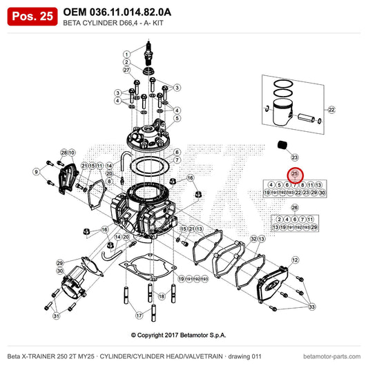BETA CYLINDER D66,4 - A- KIT – OEM 036.11.014.82.0A, position 25 on the Beta X-TRAINER 250 2T MY25 cylinder/cylinder head/valvetrain drawing