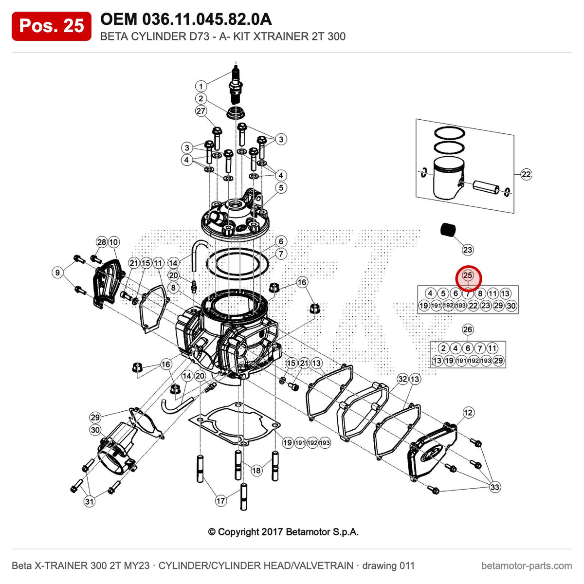 BETA CYLINDER D73 - A- KIT XTRAINER 2T 300 – OEM 036.11.045.82.0A, position 25 on the Beta X-TRAINER 300 2T MY23 cylinder/cylinder head/valvetrain drawing
