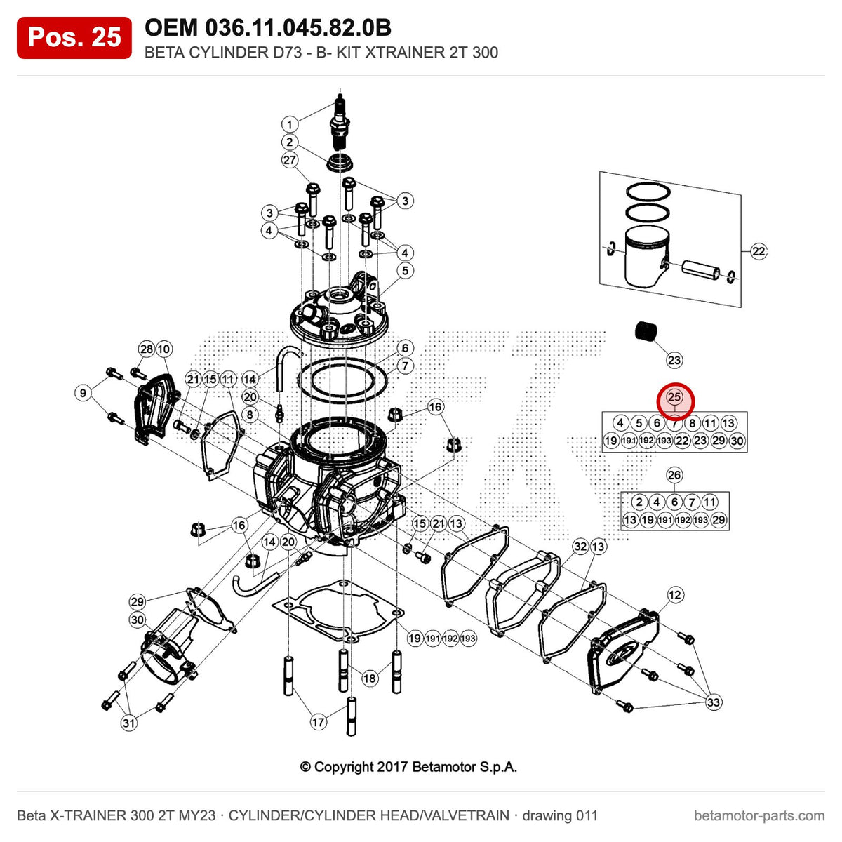 BETA CYLINDER D73 - B- KIT XTRAINER 2T 300 – OEM 036.11.045.82.0B, position 25 on the Beta X-TRAINER 300 2T MY23 cylinder/cylinder head/valvetrain drawing