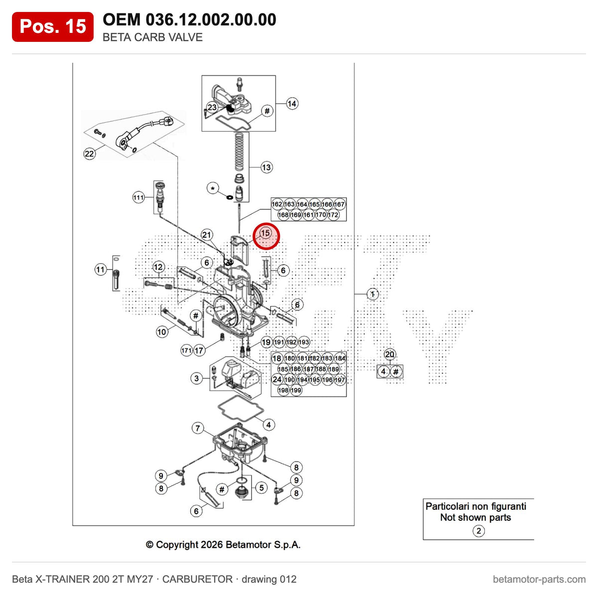 BETA CARB VALVE – OEM 036.12.002.00.00, position 15 on the Beta X-TRAINER 200 2T MY27 carburetor drawing
