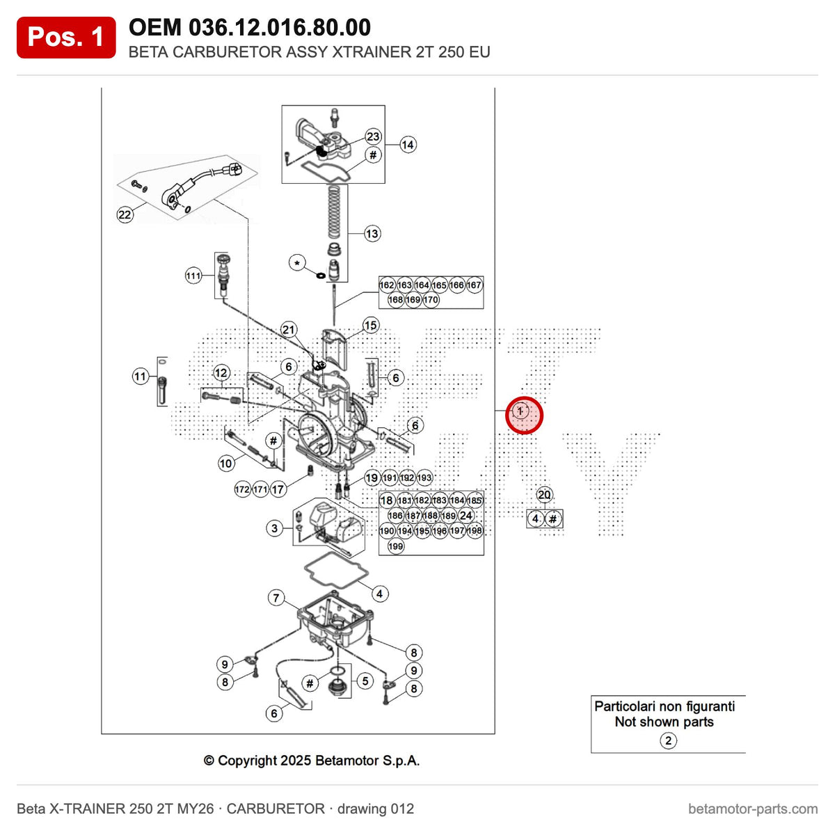 BETA CARBURETOR ASSY XTRAINER 2T 250 EU – OEM 036.12.016.80.00, position 1 on the Beta X-TRAINER 250 2T MY26 carburetor drawing
