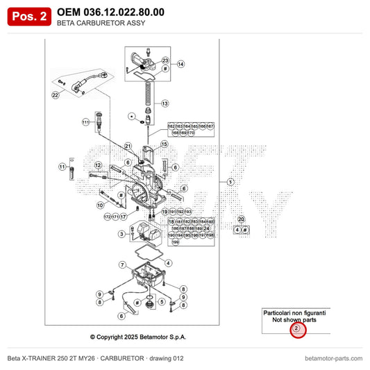 BETA CARBURETOR ASSY XTRAINER 2T 250 – OEM 036.12.022.80.00, position 2 on the Beta X-TRAINER 250 2T MY26 carburetor drawing
