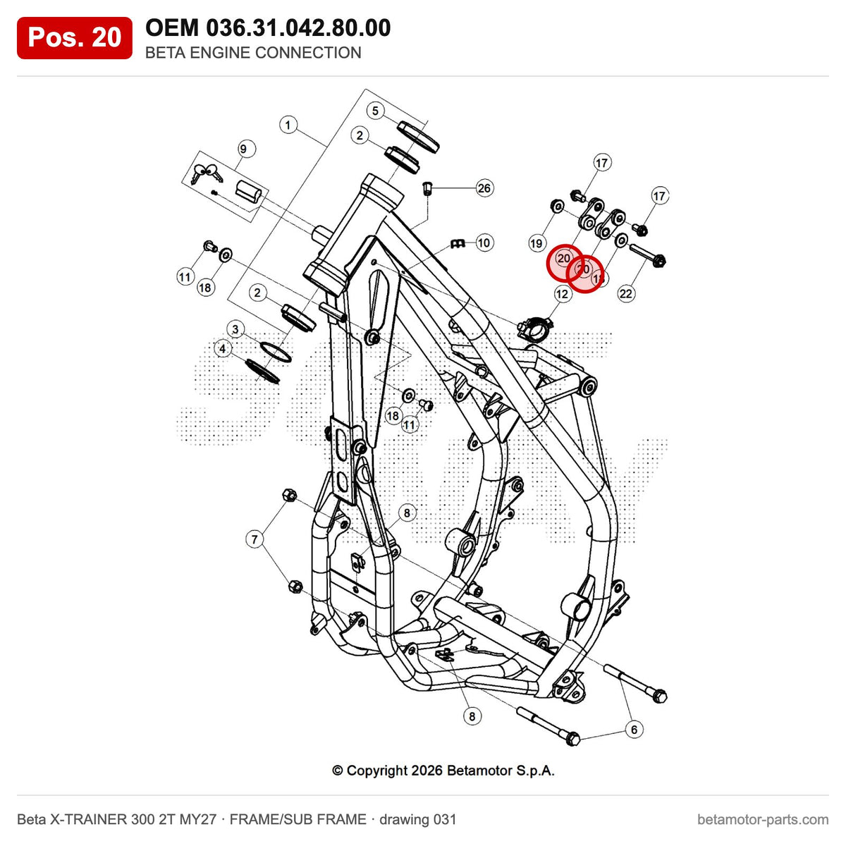 BETA ENGINE CONNECTION – OEM 036.31.042.80.00, position 20 on the Beta X-TRAINER 300 2T MY27 frame/sub frame drawing