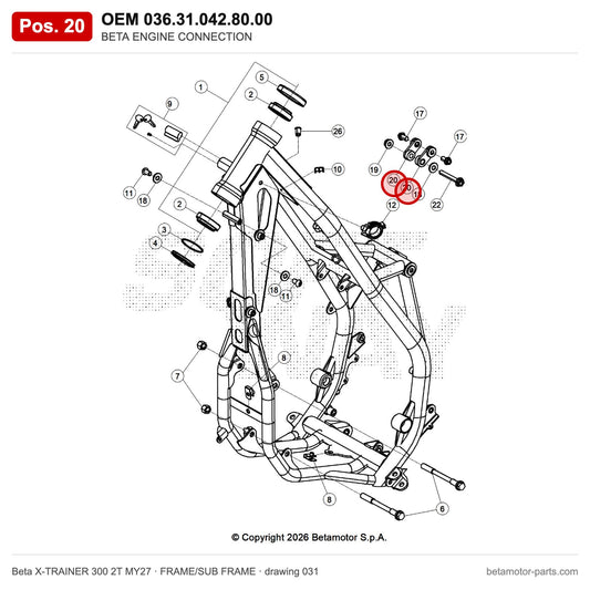 BETA ENGINE CONNECTION – OEM 036.31.042.80.00, position 20 on the Beta X-TRAINER 300 2T MY27 frame/sub frame drawing