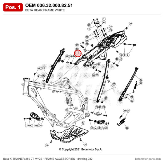 BETA REAR FRAME WHITE – OEM 036.32.000.82.51, position 1 on the Beta X-TRAINER 250 2T MY22 frame accessories drawing