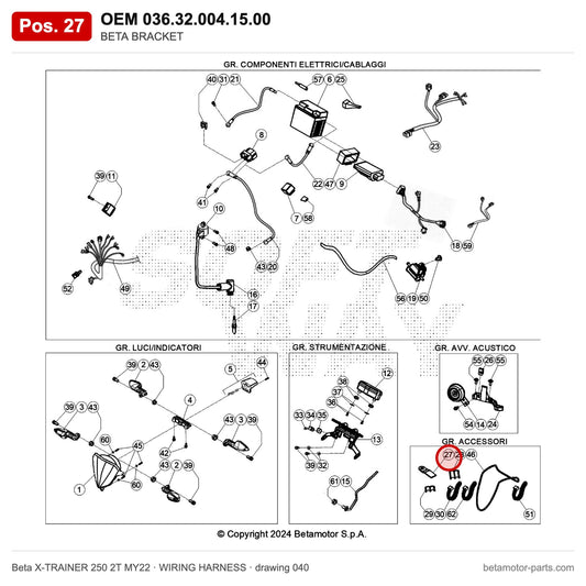 BETA BRACKET – OEM 036.32.004.15.00, position 27 on the Beta X-TRAINER 250 2T MY22 wiring harness drawing