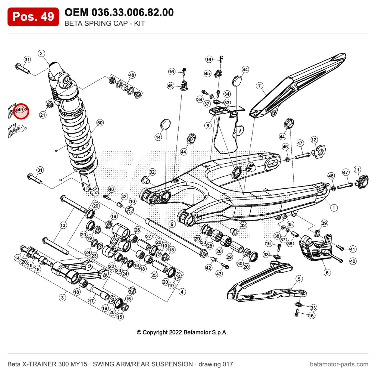 BETA SPRING CAP - KIT – OEM 036.33.006.82.00, position 49 on the Beta X-TRAINER 300 MY15 swing arm/rear suspension drawing