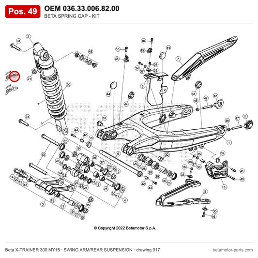 BETA SPRING CAP - KIT – OEM 036.33.006.82.00, position 49 on the Beta X-TRAINER 300 MY15 swing arm/rear suspension drawing