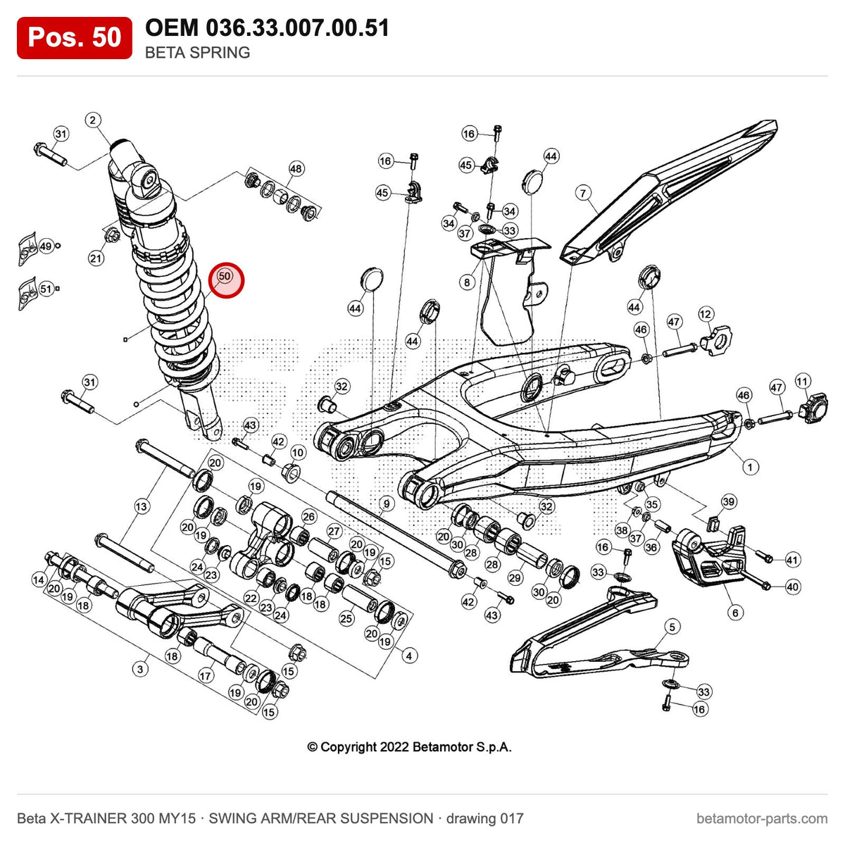 BETA SPRING – OEM 036.33.007.00.51, position 50 on the Beta X-TRAINER 300 MY15 swing arm/rear suspension drawing