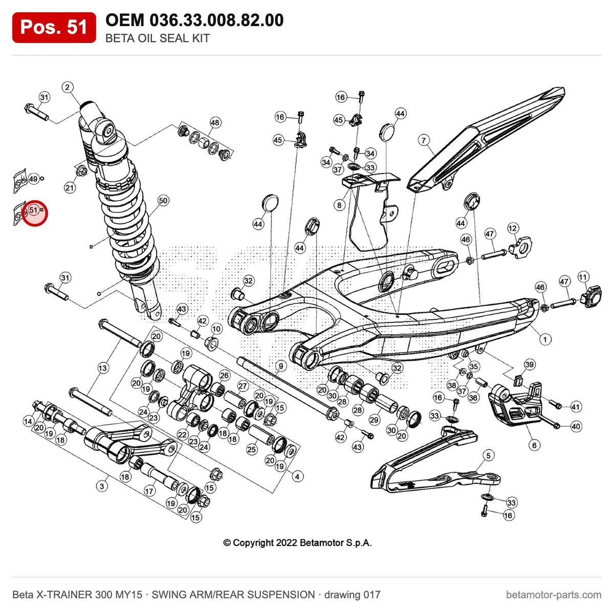 BETA OIL SEAL KIT – OEM 036.33.008.82.00, position 51 on the Beta X-TRAINER 300 MY15 swing arm/rear suspension drawing