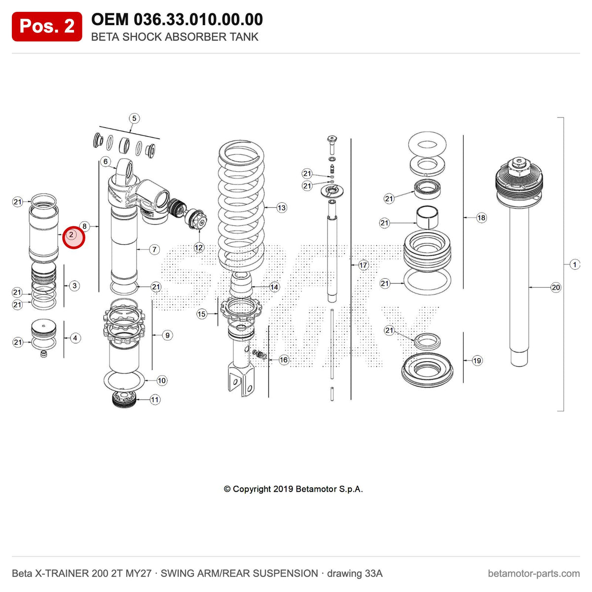 BETA SHOCK ABSORBER TANK – OEM 036.33.010.00.00, position 2 on the Beta X-TRAINER 200 2T MY27 swing arm/rear suspension drawing