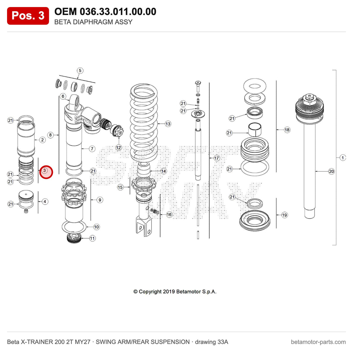 BETA DIAPHRAGM ASSY – OEM 036.33.011.00.00, position 3 on the Beta X-TRAINER 200 2T MY27 swing arm/rear suspension drawing
