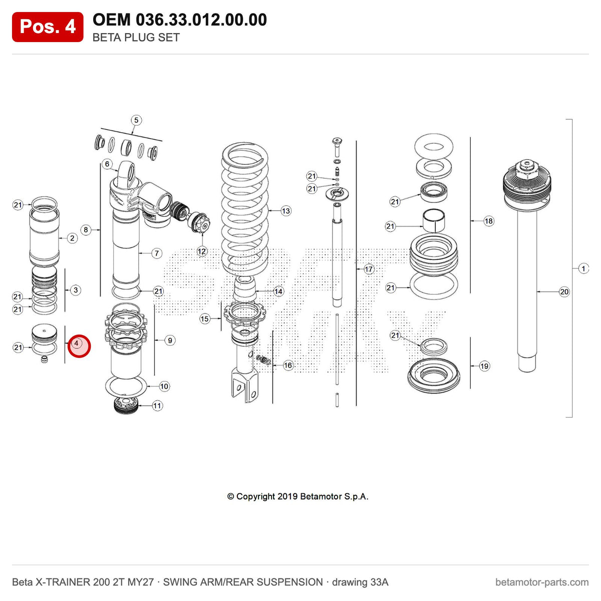 BETA PLUG SET – OEM 036.33.012.00.00, position 4 on the Beta X-TRAINER 200 2T MY27 swing arm/rear suspension drawing