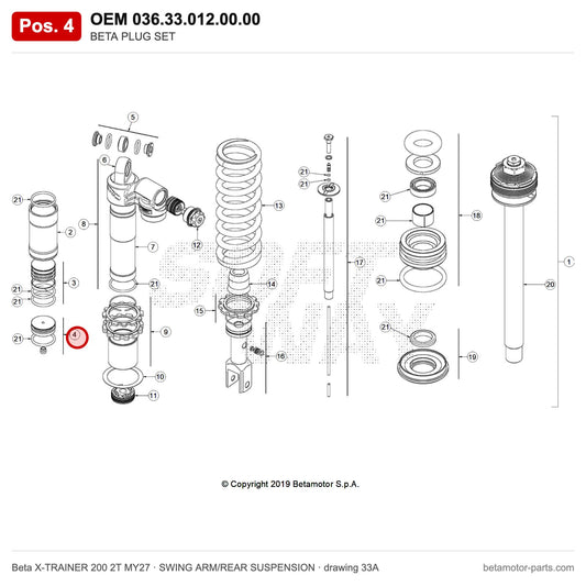 BETA PLUG SET – OEM 036.33.012.00.00, position 4 on the Beta X-TRAINER 200 2T MY27 swing arm/rear suspension drawing