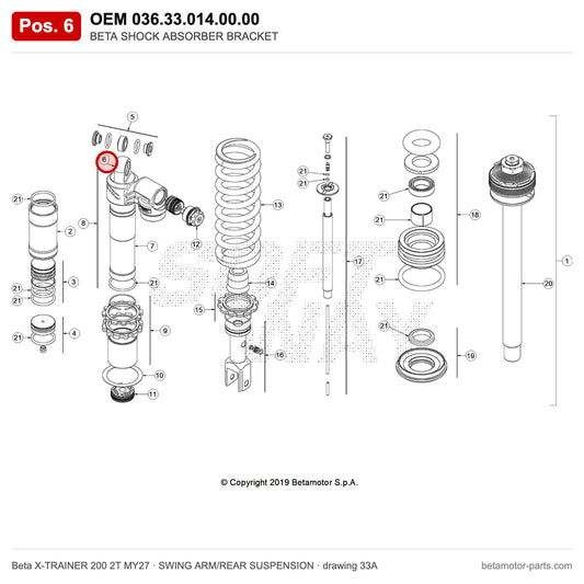 BETA SHOCK ABSORBER BRACKET – OEM 036.33.014.00.00, position 6 on the Beta X-TRAINER 200 2T MY27 swing arm/rear suspension drawing