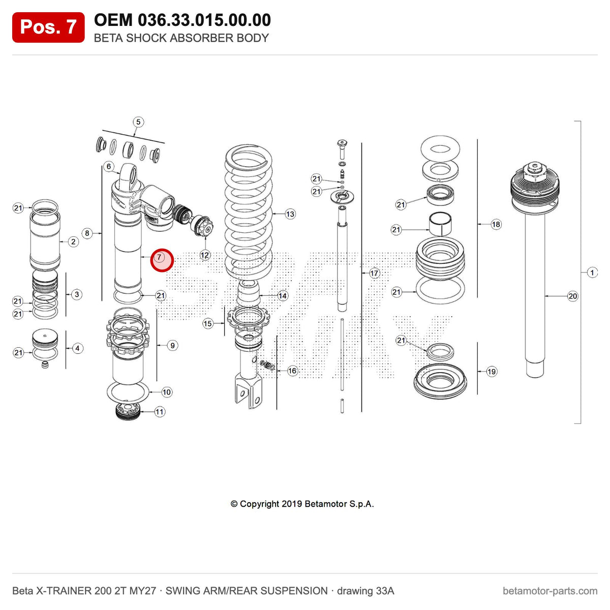 BETA SHOCK ABSORBER BODY – OEM 036.33.015.00.00, position 7 on the Beta X-TRAINER 200 2T MY27 swing arm/rear suspension drawing