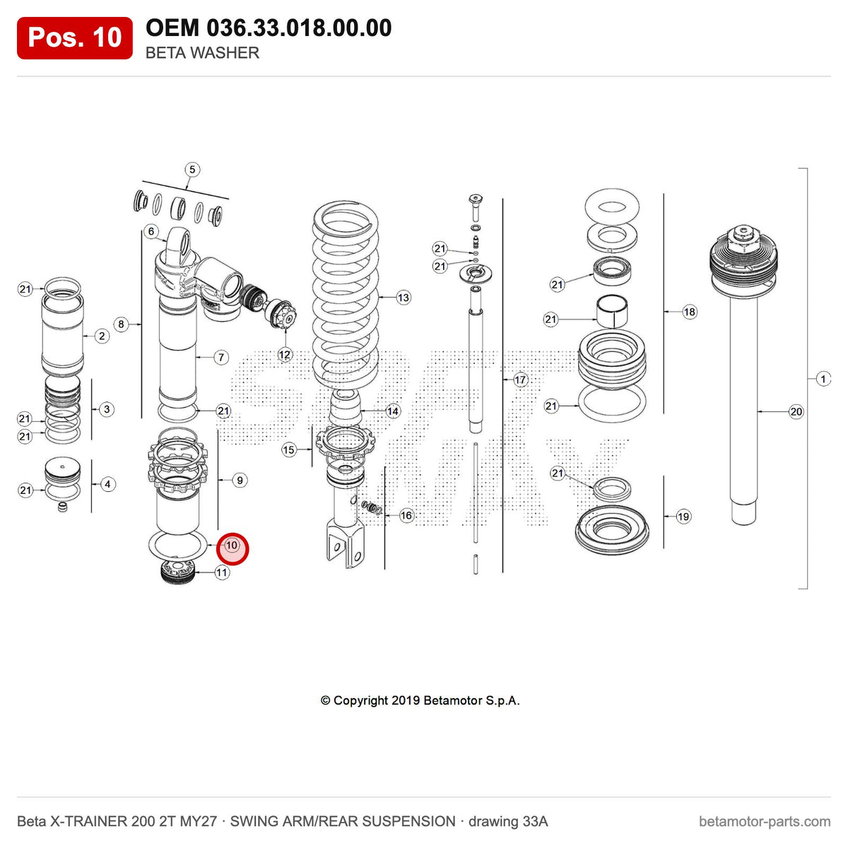 BETA WASHER – OEM 036.33.018.00.00, position 10 on the Beta X-TRAINER 200 2T MY27 swing arm/rear suspension drawing