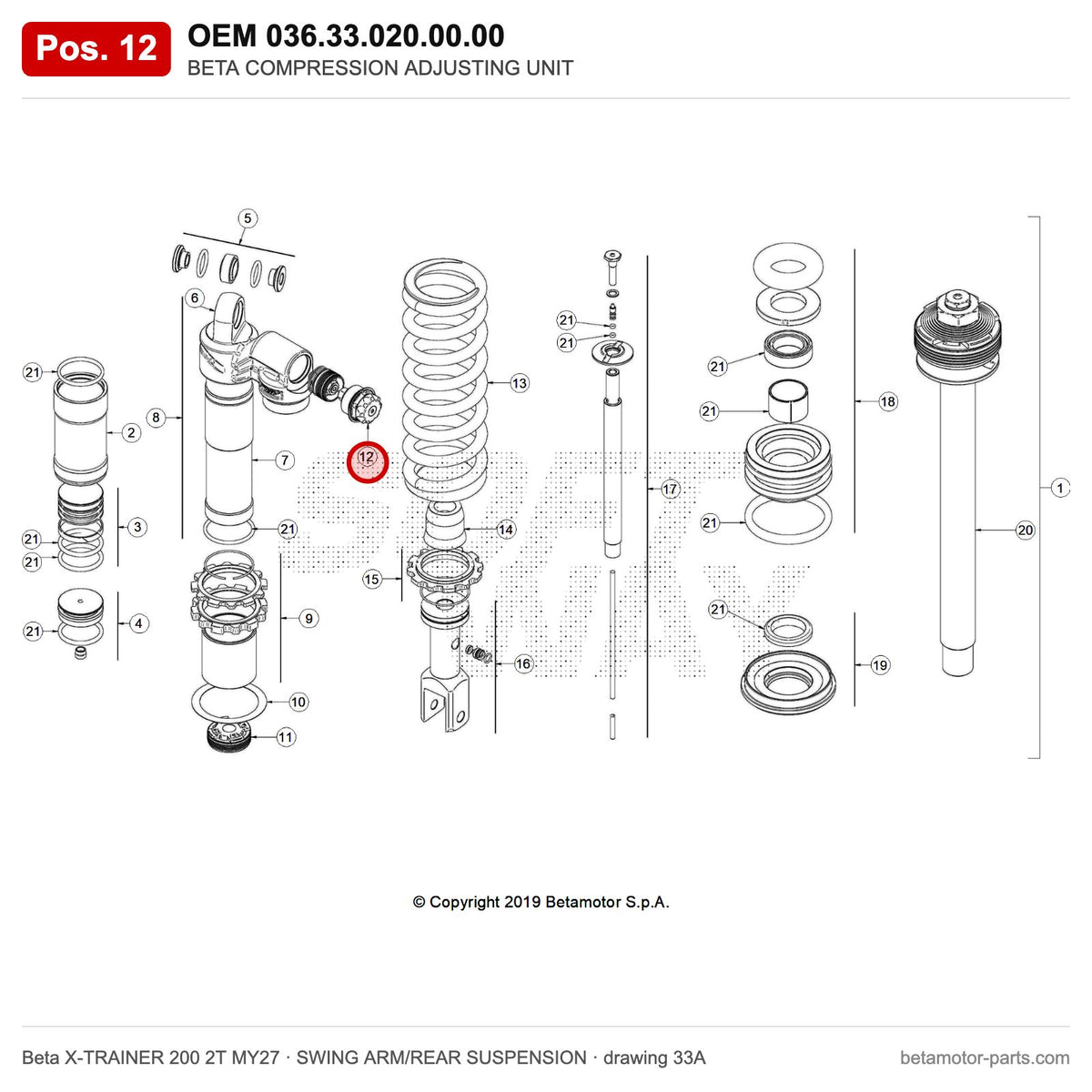 BETA COMPRESSION ADJUSTING UNIT – OEM 036.33.020.00.00, position 12 on the Beta X-TRAINER 200 2T MY27 swing arm/rear suspension drawing