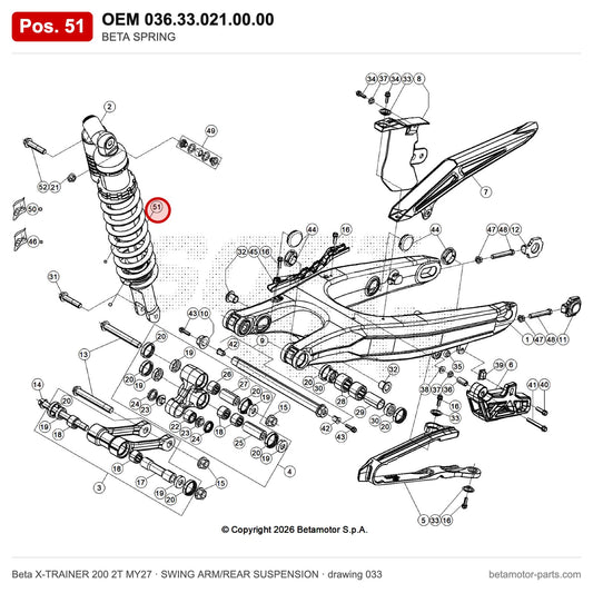 BETA SPRING – OEM 036.33.021.00.00, position 51 on the Beta X-TRAINER 200 2T MY27 swing arm/rear suspension drawing
