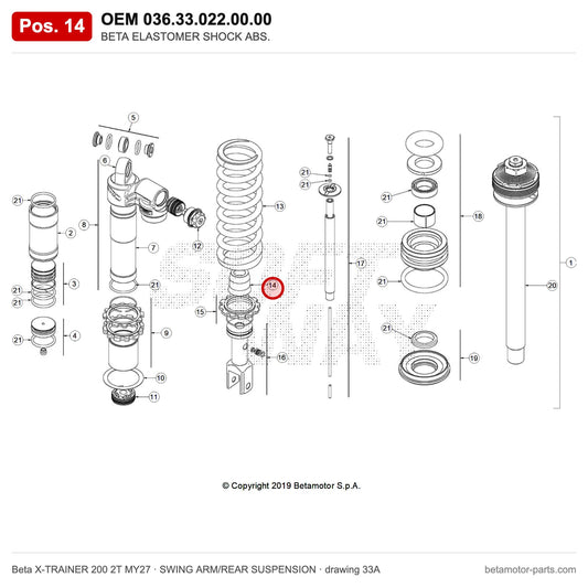 BETA ELASTOMER SHOCK ABS. – OEM 036.33.022.00.00, position 14 on the Beta X-TRAINER 200 2T MY27 swing arm/rear suspension drawing