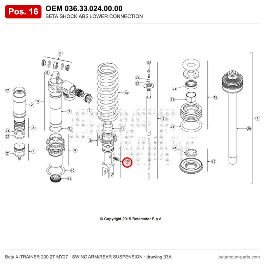 BETA SHOCK ABS LOWER CONNECTION – OEM 036.33.024.00.00, position 16 on the Beta X-TRAINER 200 2T MY27 swing arm/rear suspension drawing