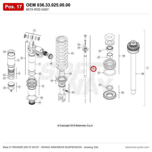 BETA ROD ASSY – OEM 036.33.025.00.00, position 17 on the Beta X-TRAINER 200 2T MY27 swing arm/rear suspension drawing