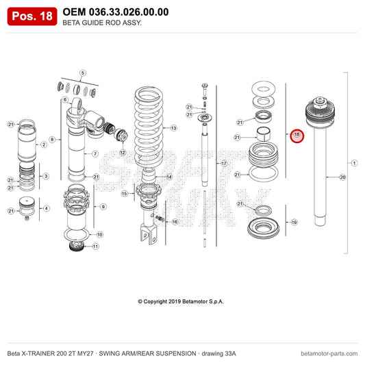 BETA GUIDE ROD ASSY. – OEM 036.33.026.00.00, position 18 on the Beta X-TRAINER 200 2T MY27 swing arm/rear suspension drawing