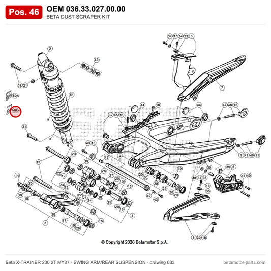 BETA DUST SCRAPER KIT – OEM 036.33.027.00.00, position 46 on the Beta X-TRAINER 200 2T MY27 swing arm/rear suspension drawing